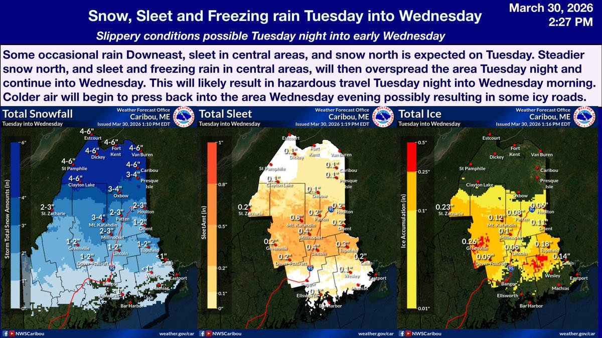 Occasional rain Downeast, sleet in central areas, and snow north is ...
