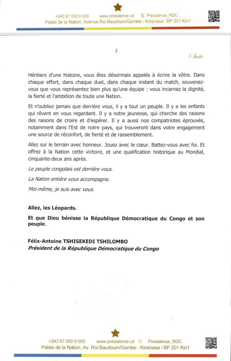 ALinoMWAMBA's tweet photo. Message du Président de la République aux Léopards. 

" Allez sur le terrain avec honneur, jouez avec le cœur, battez- vous avec foi et offrez à la Nation cette victoire et une  qualification historique au mondial, 52 ans après " . https://t.co/VVi37eCgDQ