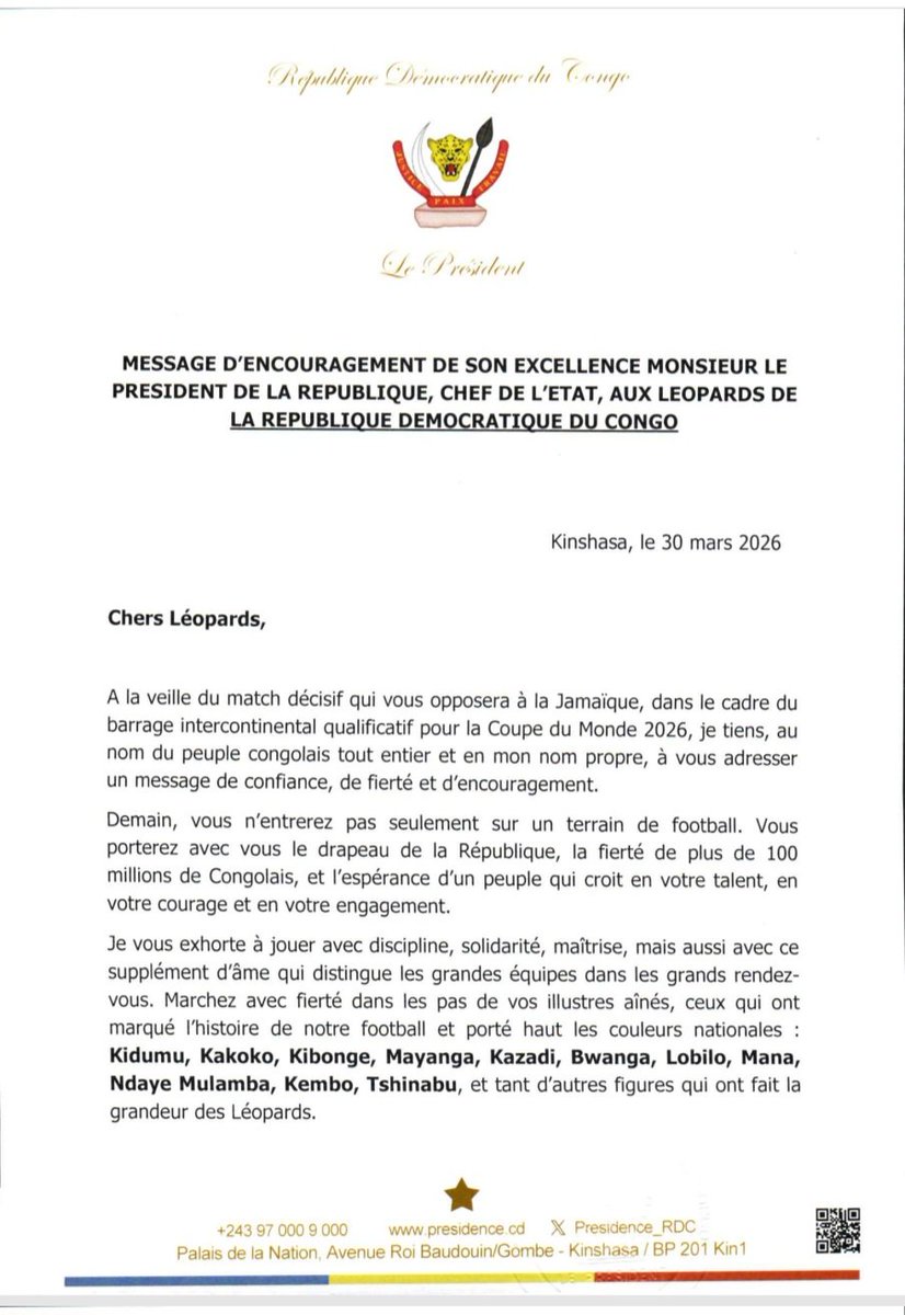 ALinoMWAMBA's tweet photo. Message du Président de la République aux Léopards. 

" Allez sur le terrain avec honneur, jouez avec le cœur, battez- vous avec foi et offrez à la Nation cette victoire et une  qualification historique au mondial, 52 ans après " . https://t.co/VVi37eCgDQ