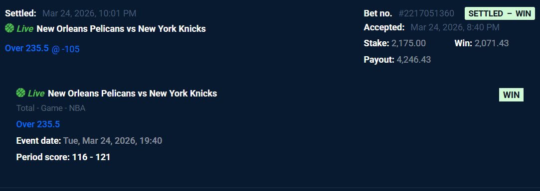 profitable_edge's tweet photo. RISK FREE $273 OR $271.43!

Using @OddsJam to compare odds from thousands of sportsbooks in live time.

Breakdown📊 
Under 235.5 returns $4248
Over 235.5 returns $4246.43

Total stake was $3975

Code ‘profitable’ for 7 days free + 35% off first month: https://t.co/C1IKon3iRH https://t.co/Vb0Idvi8Yv