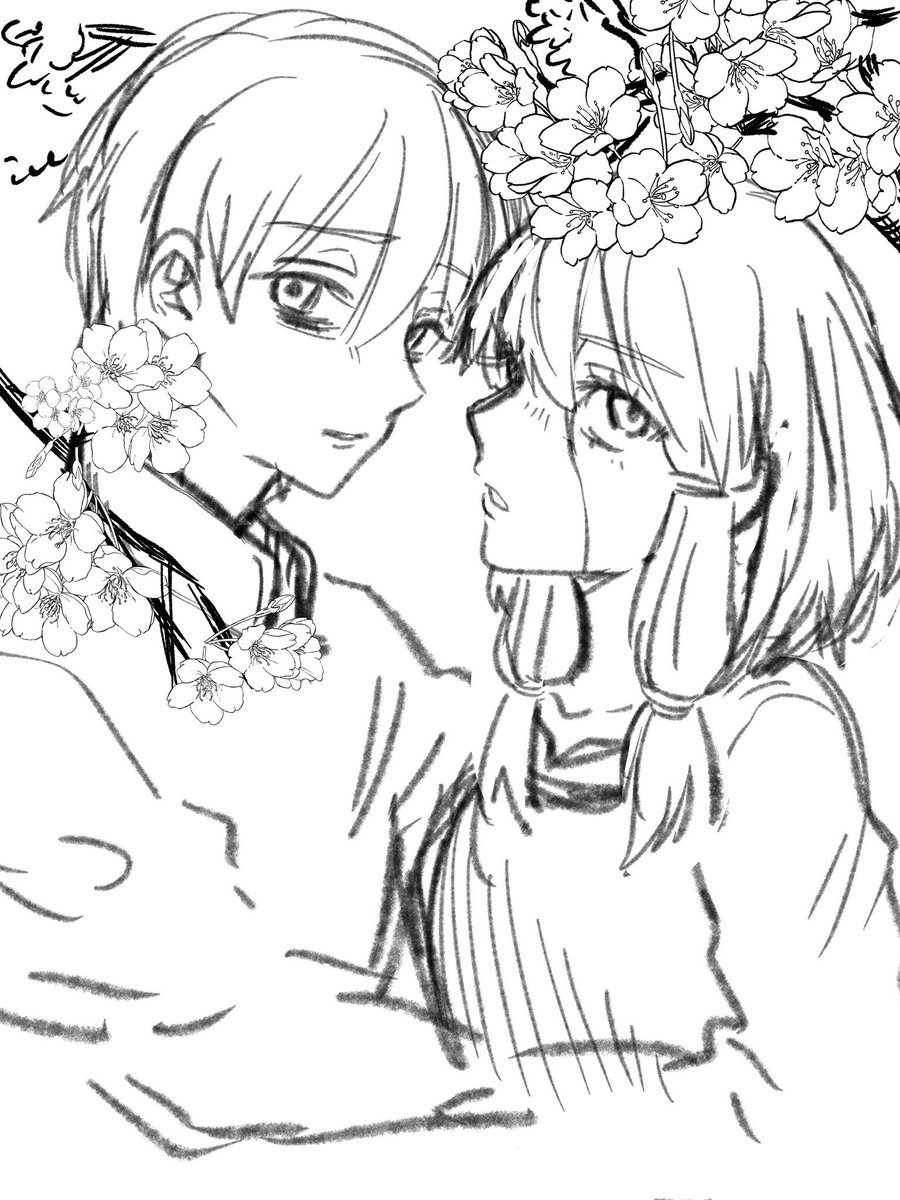 現実逃避落書き🙄🙄
桜の木の下でひっそりイチャつく🗡🐉イメージ（）