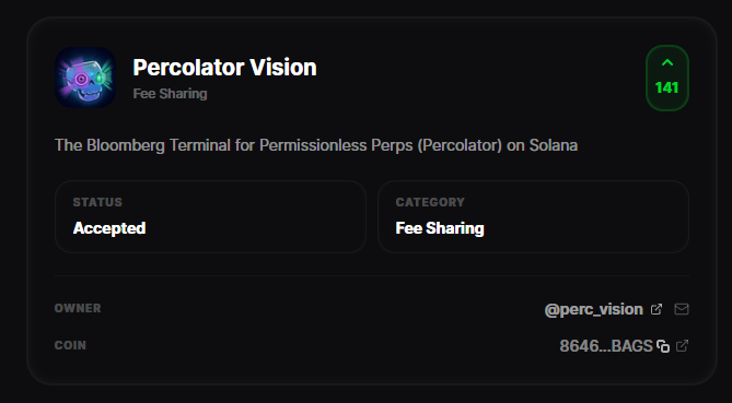 Friendly reminder - $VISION is in the <a href="/BagsHackathon/">Bags Hackathon</a>.

If you've been watching us ship, show some love with an upvote.

$VISION just shipped terminal theme, workspace mode, demo mode, and on-chain ecosystem scanning for every Percolator fork on Solana.

bags.fm/apps/4ac14937-…