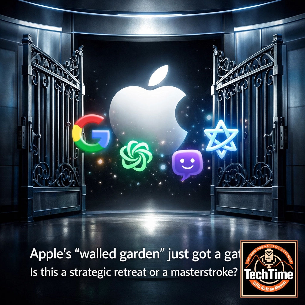 Apple’s 'walled garden' just got a gate. 🍎🚪 Siri Extensions mean Gemini &amp; Claude might run your iPhone. Brilliant strategy or admitting defeat? We’re skeptical of the privacy trade-offs here. #TechTimeRadio #Apple #AI #iOS27 techtimeradio.com