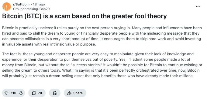 ABGQuantitative's tweet photo. Saw a post on the Buttcoin reddit about how Bitcoin is a scam based on the greater fool theory.

Basically you only buy because someone dumber than you will buy higher.

Perfect narrative to describe memecoins and Memescope monday.
https://t.co/DnwTvCfTeR https://t.co/WFhLpAh6Kt