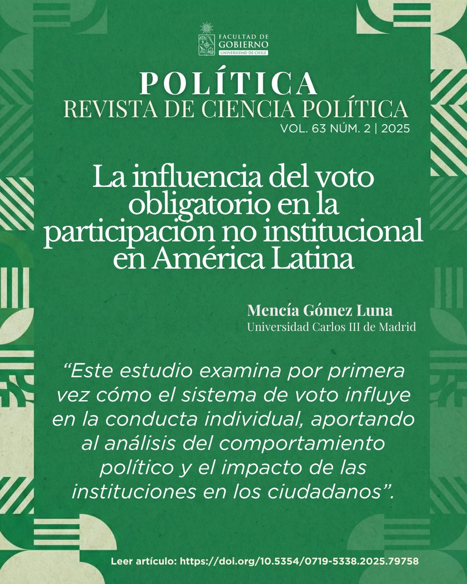 RevPolitica's tweet photo. 🗳️No siempre más votos es igual a más participación.
Este artículo muestra que en América Latina:

📉La participación no institucional puede ser hasta 18% menor con voto obligatorio
🔎Especialmente donde hay sanción

Revisa el estudio completo en: 
https://t.co/YzRnb8DSmv https://t.co/rgG71IN6M0