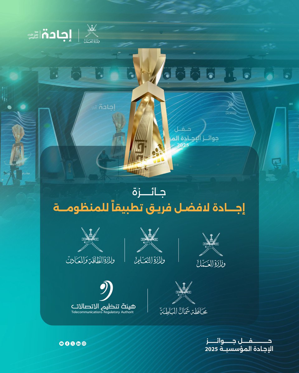 Labour_OMAN's tweet photo. جائزة إجادة لأفضل فريق تطبيقا للمنظومة 
وزارة الطاقة والمعادن 
وزارة التعليم
وزارة العمل
هيئة تنظيم الاتصالات 
محافظة شمال الباطنة 

#حفل_جوائز_الإجادة_المؤسسية_2025 
#وزارة_العمل https://t.co/i6FUm5QNmb