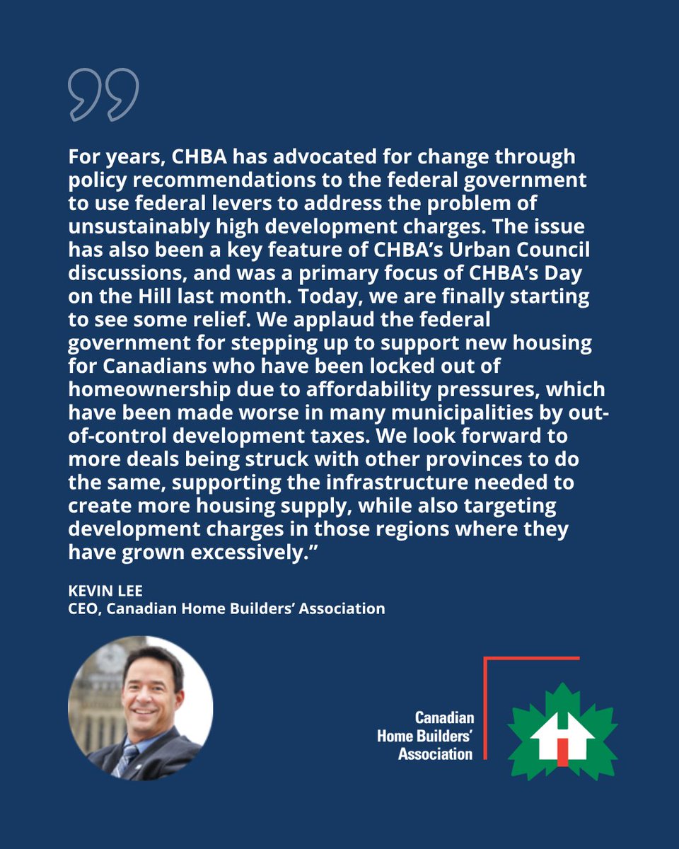 CHBA applauds today’s federal announcement to start federal-provincial agreements using the Build Communities Strong Fund to fund housing-supportive infrastructure and reduce municipal development charges (DCs) that have been a major cost challenge in housing.

The first