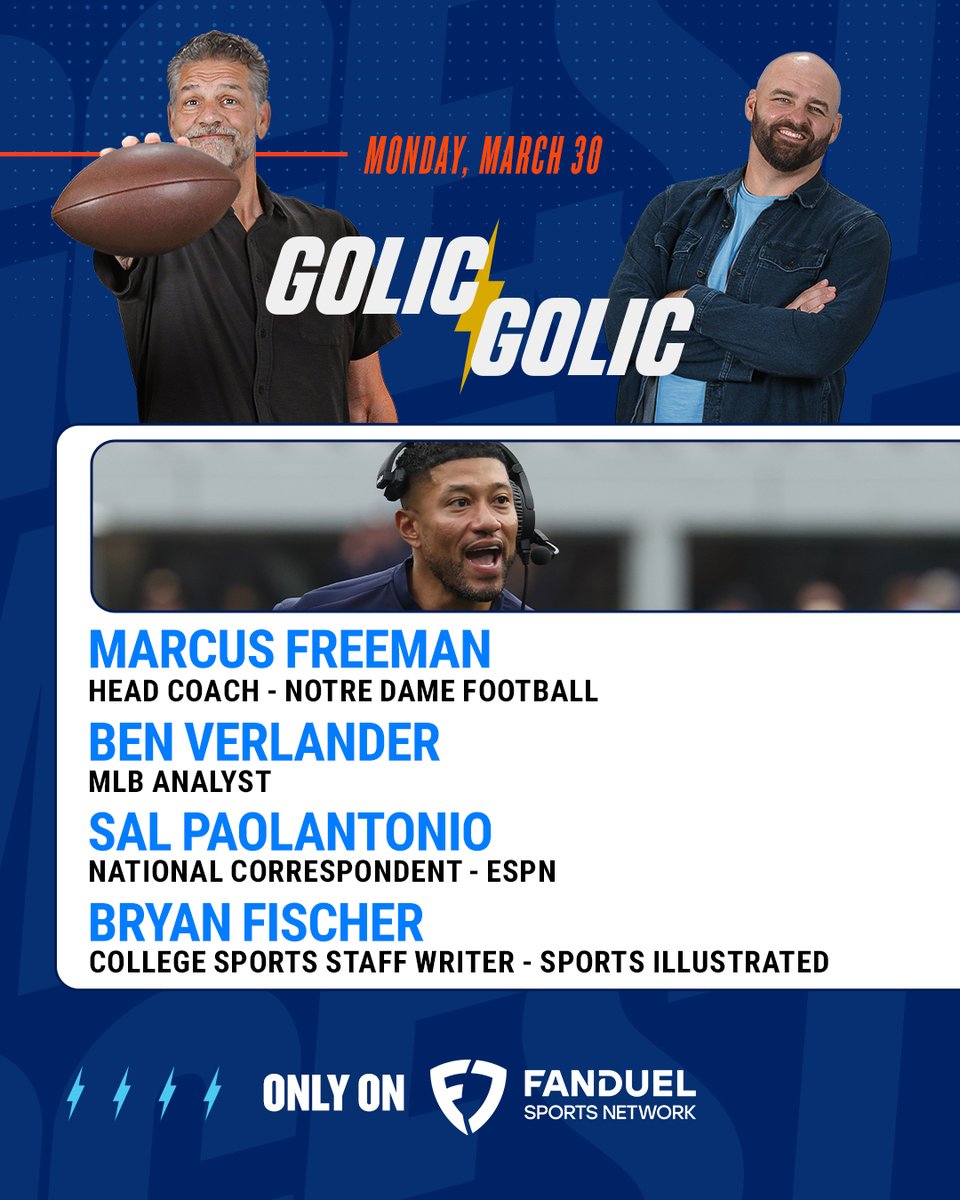 FanDuelSN's tweet photo. Stacked lineup of guests for your Monday 💥

Golic &amp; Golic is from 3:30-5:30PM ET on FanDuel Sports Network.

@Marcus_Freeman1 | @BenVerlander | @BryanDFischer https://t.co/UJDXiWHxlz