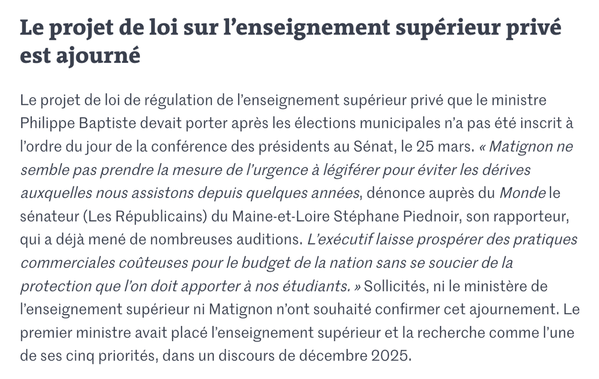 afspinfos's tweet photo. 🔴 #ESR Le projet de loi relatif à la régulation de l’enseignement supérieur privé ne sera finalement pas discuté au Sénat au mois d’avril comme prévu initialement.

Source : @lemondefr ⤵️ https://t.co/xfHuoewwzT