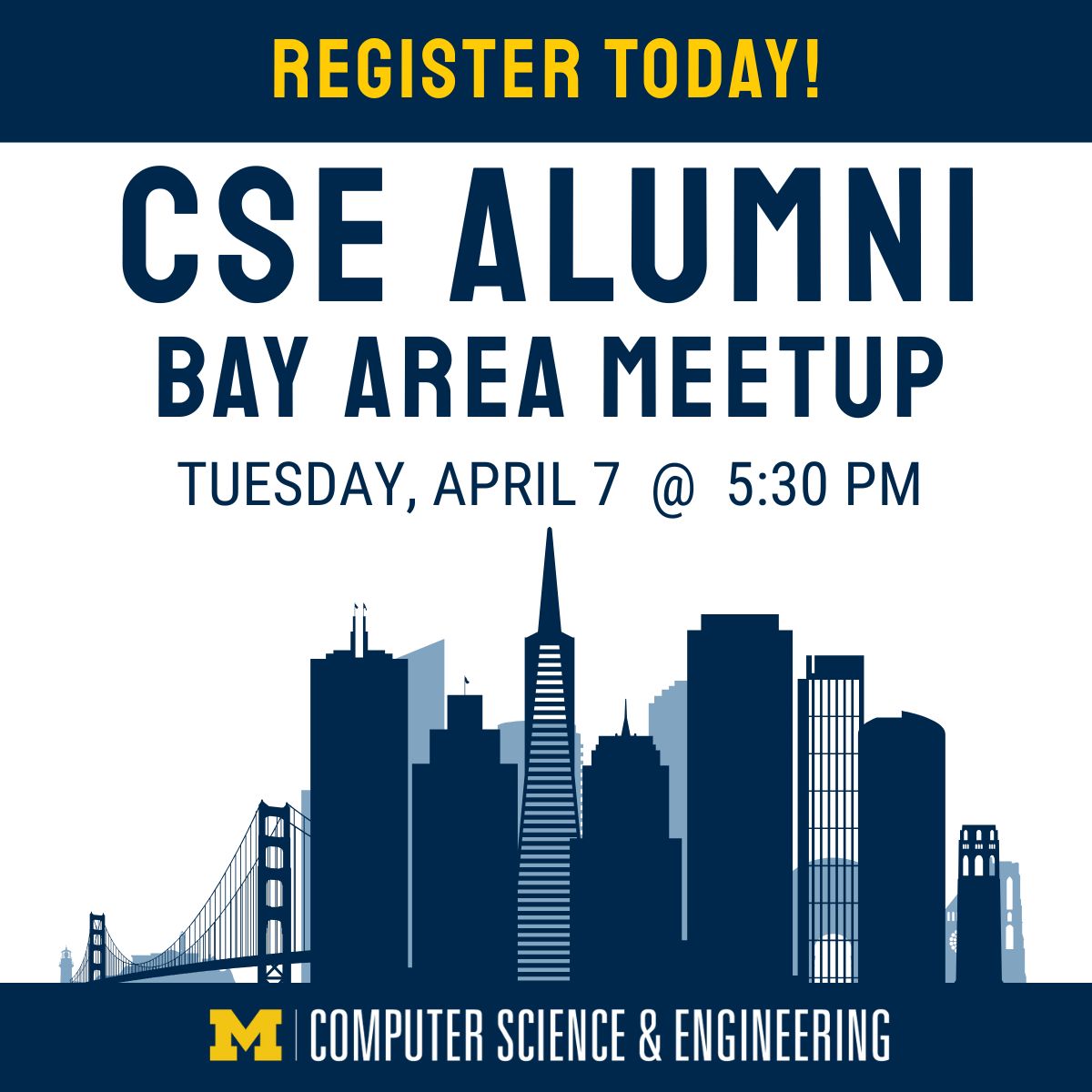 UMichCSE's tweet photo. 🚨 Still time to RSVP for a CSE Alumni Meetup in Palo Alto! 📅 Join us on Tuesday, April 7, from 5:30 to 8:00 PM to reconnect, network, and celebrate our CSE community. 

🖊️ Register 👉 : https://t.co/S1WtLjwdpa
MORE 🔗 : https://t.co/6y3soYI6pg 
#UMich #UMichCSE #GoBlue 💙 💛 https://t.co/vDghxRBoTX
