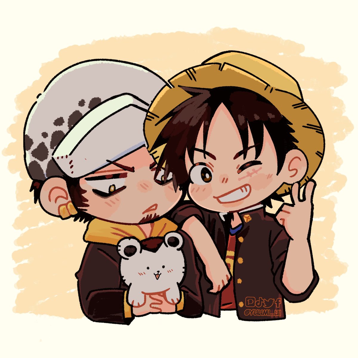 Yuumi_ui's tweet photo. ¡Polaroid del día! 📸✨

Law y Luffy en modo One Piece Academy, con Onigiri de testigo como siempre 😂❤️ 
De todas formas Luffy ya los adoptó a los dos ✨

 #LawLu #Lulaw #ロール #ルロー https://t.co/e3UqfFXj97