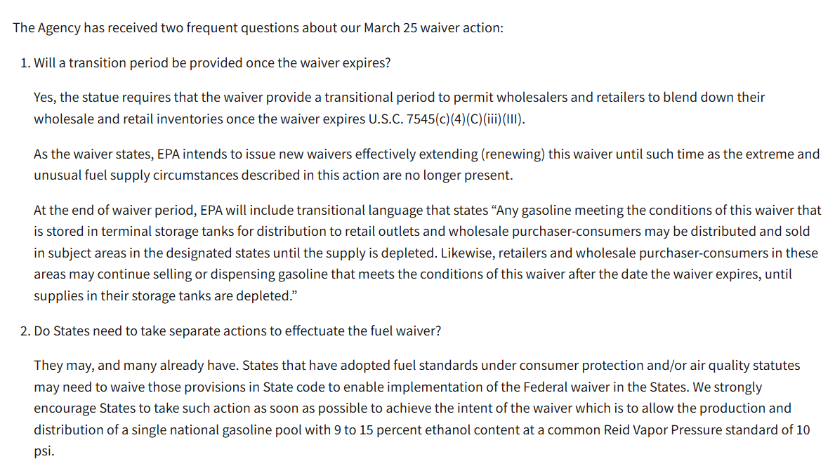 biofuelslaw's tweet image. EPA released Q&amp;amp;As on its #E15 waiver, addressing two frequent questions:

1. Will there be a transition period once the waiver expires?  (Yes)
2. Do states need to take separate actions to implement the waiver?  (They may, and many already have.) 

More details below. #ethanol