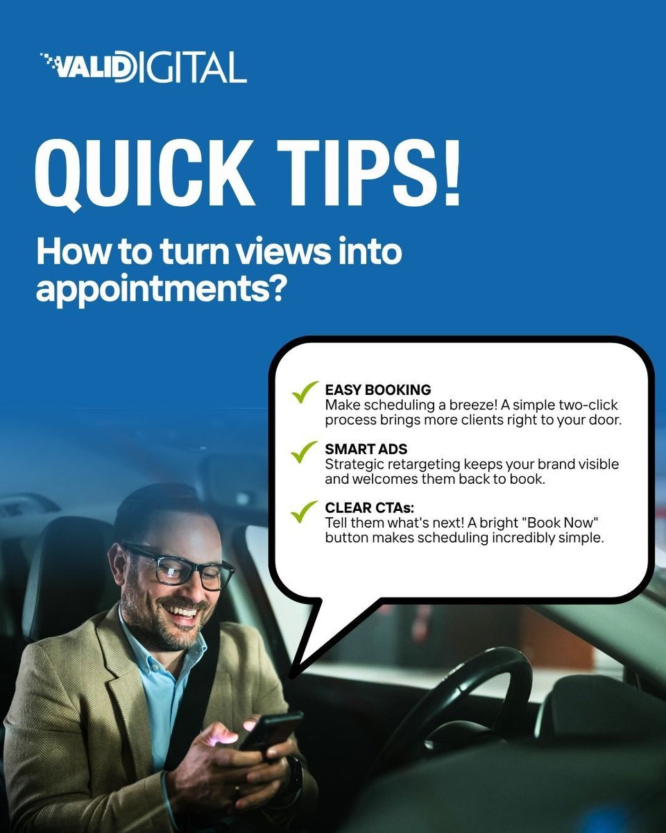 Applying these quick tips will turn online views into booked appointments. 🤝
Let’s partner up and build a strategy that fills your calendar. ✍🏻
📩 Contact us: (512) 270-1713
🌐 Visit us: ValidDigital.com
#ValidDigital #DigitalMarketing #CreativeAgency