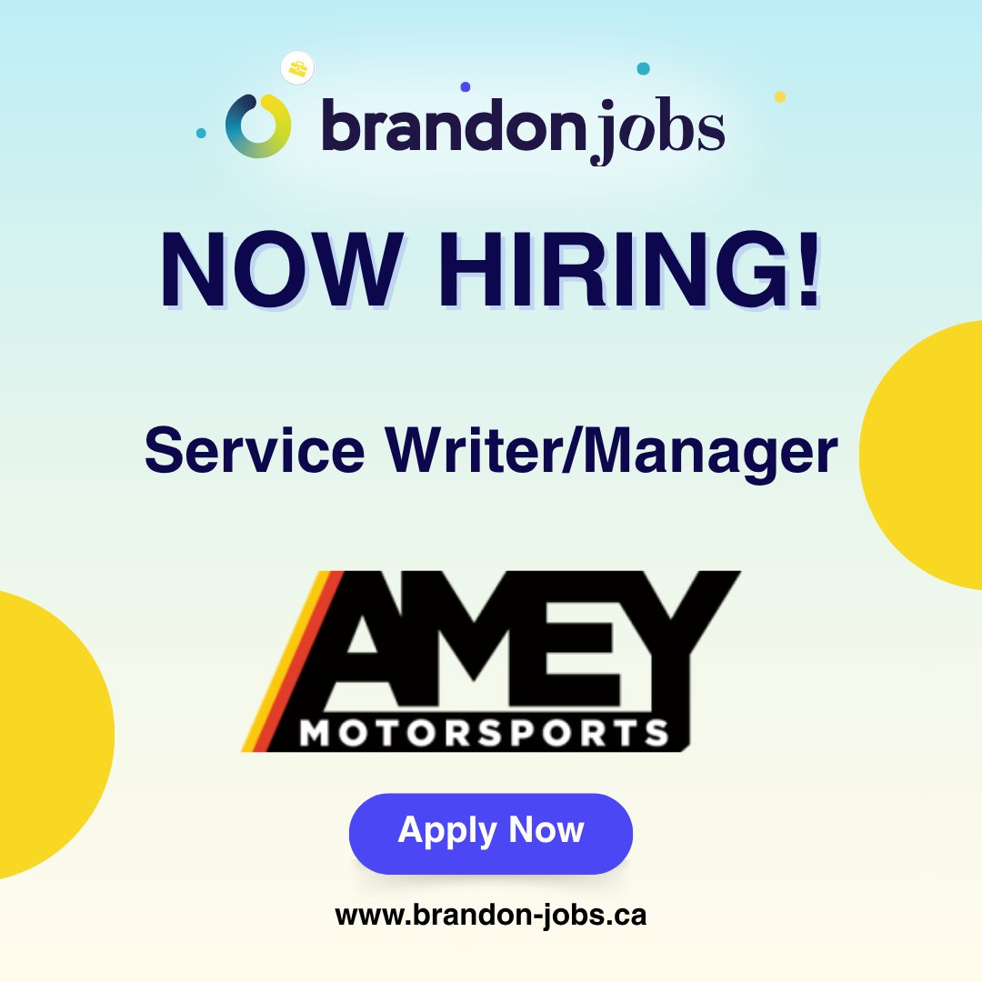 Bdn_jobs's tweet photo. Now Hiring! Join Amey Motorsports as a Service Writer/Manager.

Don't wait, apply today!
https://t.co/ApsFY6Al9B

#NowHiringBrandon #Career #NowHiring #BrandonJobs #BdnMB #BrandonMB #Westman #WestmanMB #WestmanWork #CareerGrowth #Technician #ServiceTechnician #ServiceManager https://t.co/o0ugZYDKb2