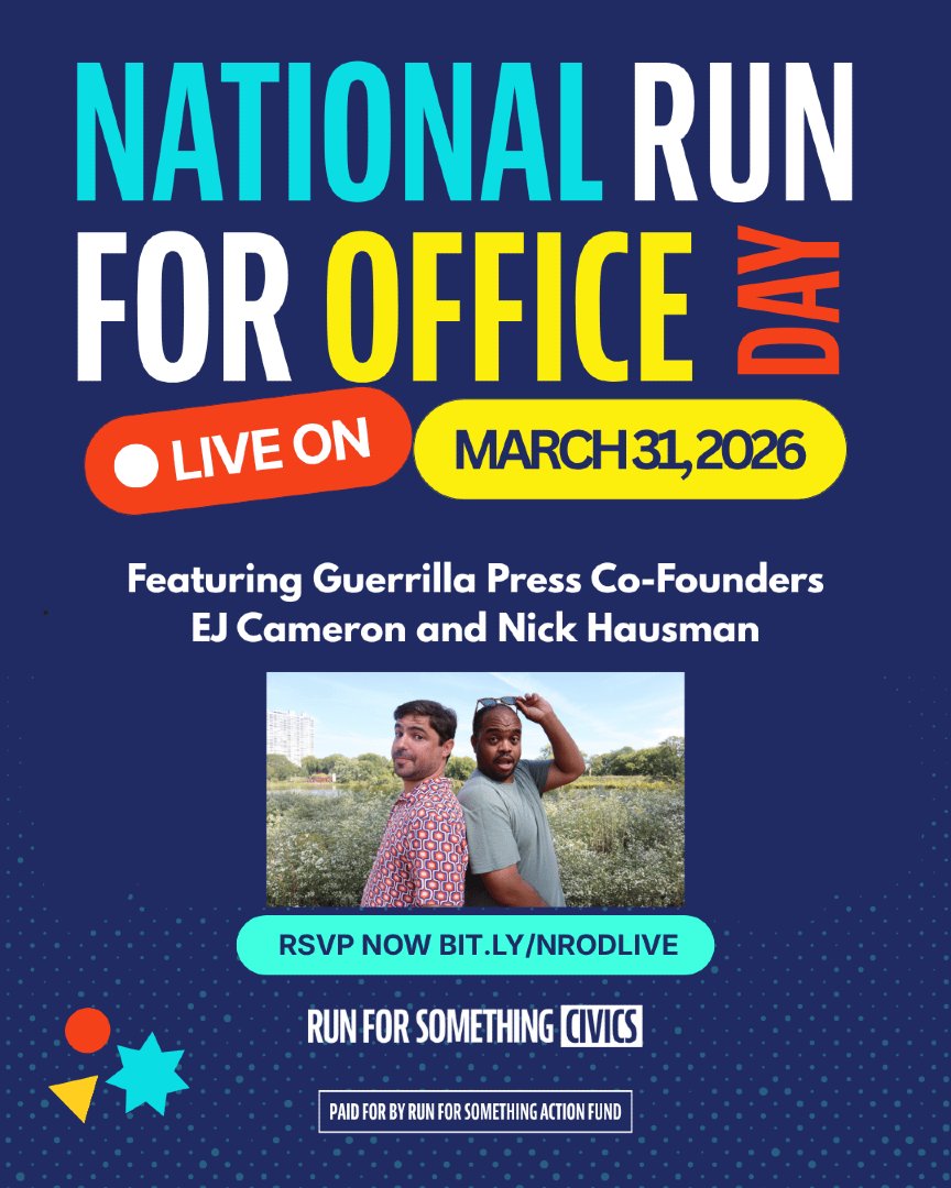 GuerrillaPress_'s tweet photo. Guerrilla Press Co-Founders EJ Cameron and Nick Hausman will be speaking as part of Run For Something's National Run For Office Day live event!

Tune in tomorrow around 8:20 pm ET to see them live!

Full details at https://t.co/NDoeKrGzNf

#RunForSomething #NoKings https://t.co/hLRTf28NVI