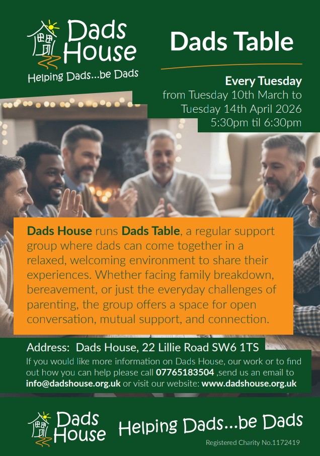 dadshouseuk's tweet image. Dad's House. 

Dad's Table a safe space for #dads to get together and discuss the highs and lows of everyday life, family breakdown loneliness and isolation. 
Every Tuesday the kettle goes on at 5,30pm.
#singledads #menshealth #mentalhealth #parents
dadshouse.org.uk