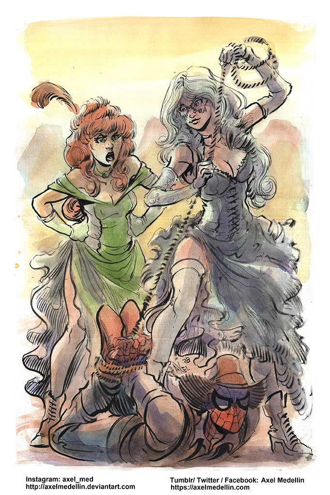 Western theme continues at "The line is drawn", featuring Mary Jane Watson and Felicia Hardy as showgirls. 
cbr.com/superheroes-st…

Artist: deviantart.com/axelmedellin
<a href="/csbg/">ComicsShouldBeGood</a> #marvel #spiderman #maryjanewatson #blackcat #western #cowboy