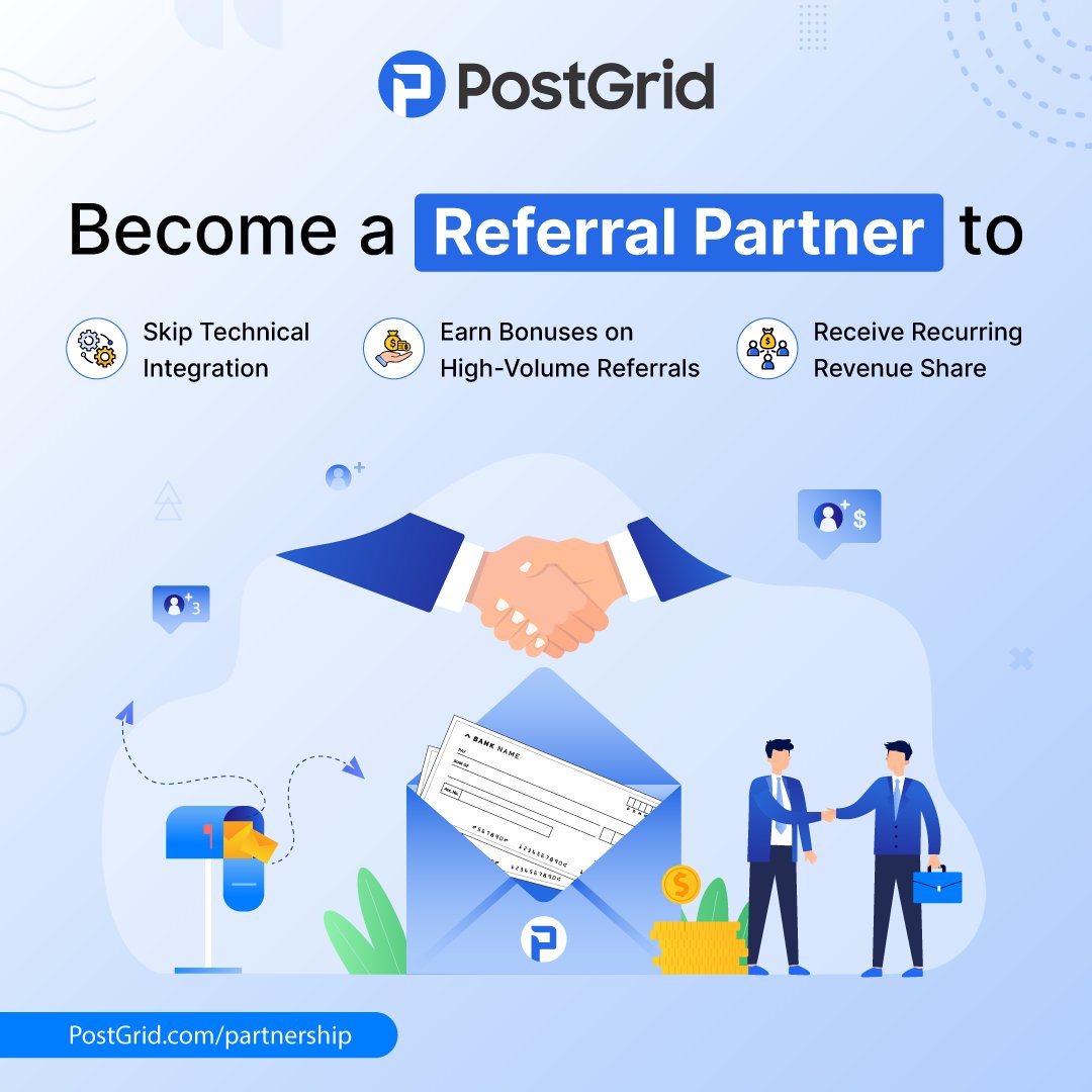 PostGridInc's tweet photo. Unlock passive B2B revenue without touching complex code or closing deals.

The Referral Play:
✅ Spot clients needing automation capabilities
✅ Refer them to PostGrid solutions
✅ Earn performance commissions or recurring revenue share
✅ We handle sales, onboarding, support, and fulfillment

Perfect for: Digital agencies bundling print, MSPs adding compliance mail, consultants upselling automation.

No risk, all reward. Flexible tiers + volume bonuses.

Apply now: https://t.co/uutr36wHEf

#B2BRevenue #AgencyPartner #ReferralProgram #PostGridPartners