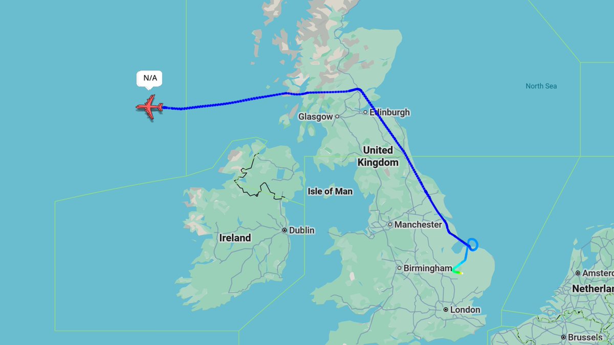 EISNspotter's tweet photo. KC-135 #CLEAN11-12 are out with "FF" F-22s #TABOR31-36, which are heading home to Langley AFB after spending over a month at RAF Lakenheath. KC-135 #CLEAN13-14 off Bangor will pick up the next leg of the drag. https://t.co/UWoSHsznzu