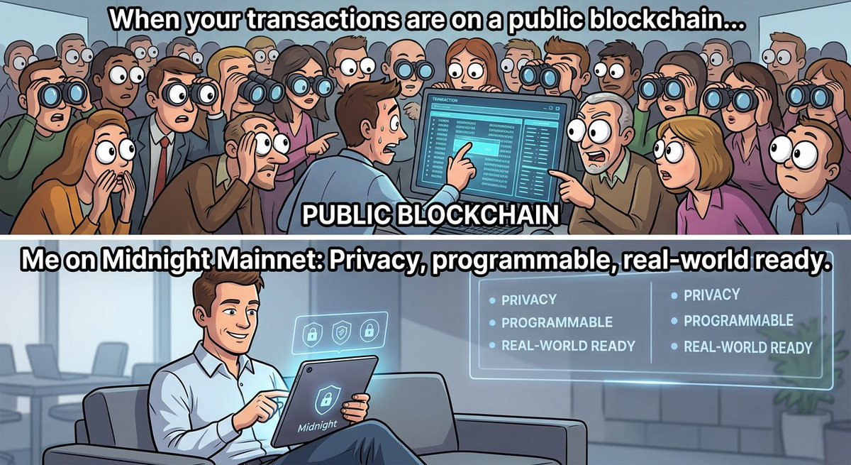 OlivierMWATSIM1's tweet image. Public blockchains watching your data vs. me on Midnight Mainnet: real privacy, programmable, and ready for the real world. 
Really, @MidnightNtwrk is changing the game and opening the door to fourth-generation blockchains. 

#MidnightMainnet #PrivacyFirst #BlockchainRevolution