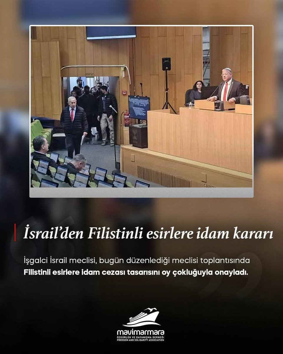 Filistinli Esirlere İdam Onayı

 İşgalci İsrail meclisi bugün düzenlediği oturumda, Filistinli esirlere yönelik idam cezası tasarısını oy çokluğuyla kabul etti.

 Bu karar kabul edilemez. Tüm vicdan sahibi devletler acil olarak harekete geçmeli ve gerekli müdahalelerde