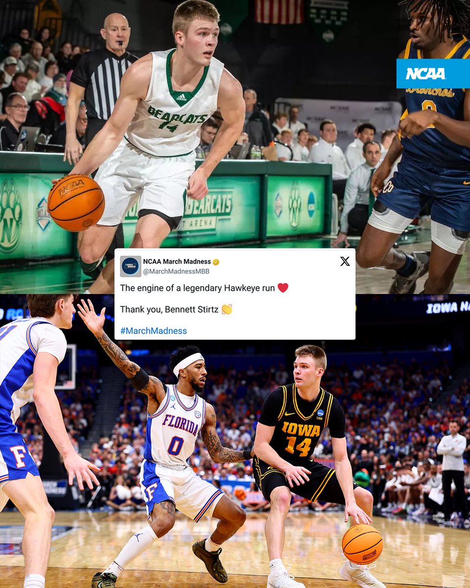 NCAA's tweet image. From @NCAADII ➡️ @MarchMadnessMBB Elite 8

@IowaHoops' @bennett_stirtz went from being a 0-star recruit to being a standout player in Iowa's #MarchMadness run! 🏀

#Elite8 x 🎥 @TNTSportsUS