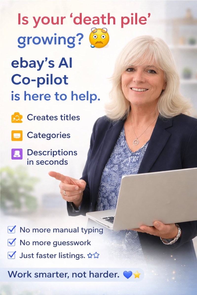 PowerSellingMom's tweet photo. Is your 'death pile' growing? 🧐

eBay’s AI Co-pilot is here to help. It creates titles, categories, and descriptions in seconds.

No more manual typing.
No more guesswork.
Just faster listings. 🚀

Work smarter, not harder. 💙✨

#ResellerTips #eBayAI https://t.co/rPg4wzdVNs