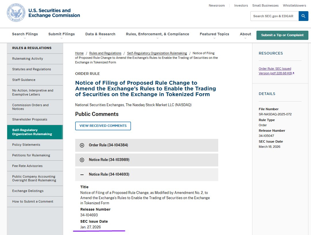TapeReaderDP's tweet image. Here Is The Important Part 👉 SEC approved

June 25, 2017 - NASDAQ and NYIAX sign a Joint Intellectual Property Ownership Agreement tied to co-owned patent rights.
Jan. 27, 2026 - SEC publishes NASDAQ’s proposed rule change for token-form trading of certain securities.
Mar. 18,