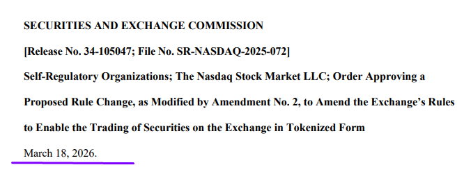 TapeReaderDP's tweet image. Here Is The Important Part 👉 SEC approved

June 25, 2017 - NASDAQ and NYIAX sign a Joint Intellectual Property Ownership Agreement tied to co-owned patent rights.
Jan. 27, 2026 - SEC publishes NASDAQ’s proposed rule change for token-form trading of certain securities.
Mar. 18,