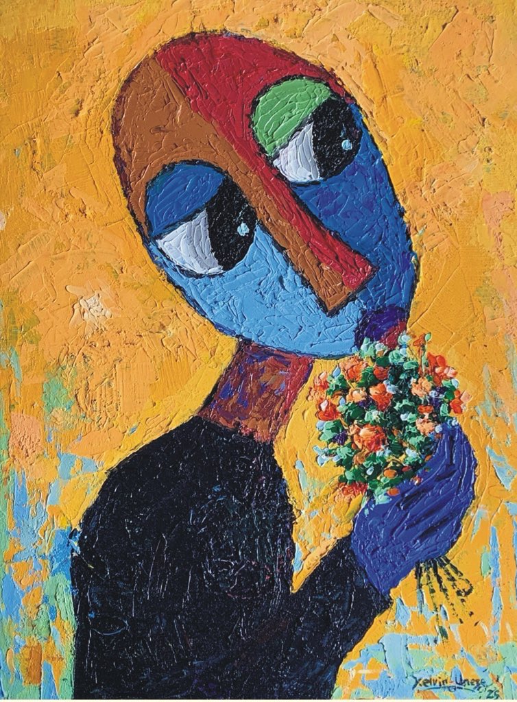 <a href="/MindOfHeadking/">Headking's Mindset 🧠</a> I made this painting some months ago, based on a friend’s experience. He brought flowers for his girlfriend and she asked him “What will she do with flowers”. 

Title: I Brought you Flowers
Size: 12 x 16 inches

Feel free to reach out for the painting.