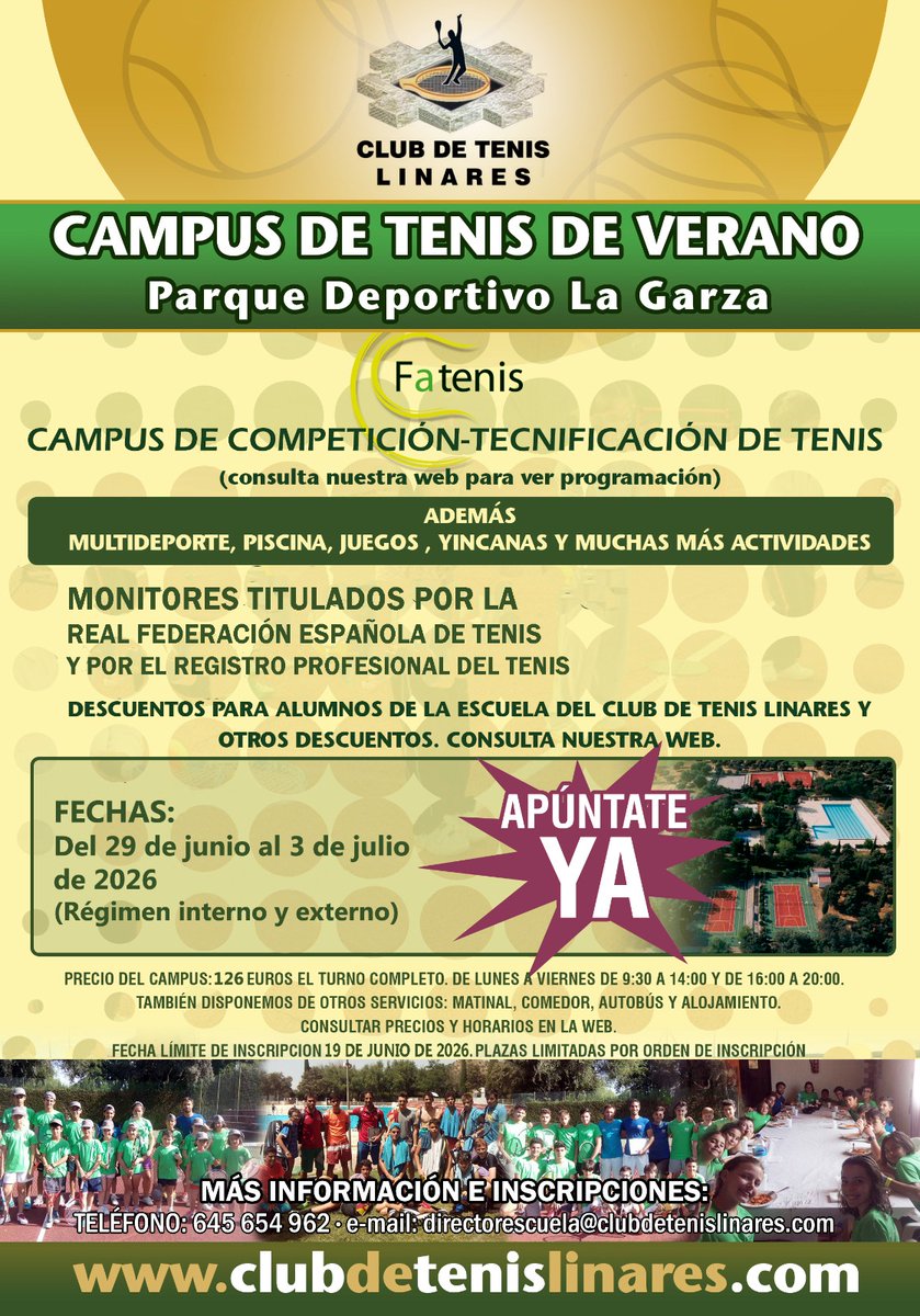 📣 CAMPUS DE TENIS DE VERANO 🌞
🗓️ 29 junio al 3 de julio
📍 Parque Deportivo La Garza
📝🌐  clubdetenislinares.com/escuela-de-ten…