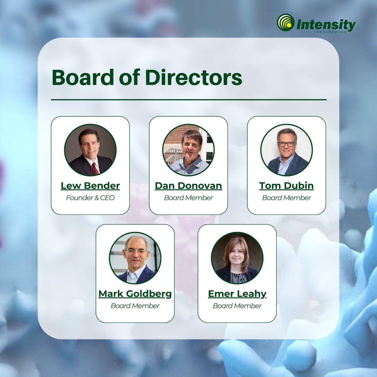 IntensityInc's tweet image. Spotlighting $INTS' Board of Directors, including Lew Bender, Dan Donovan, Tom Dubin, Mark Goldberg, and Emer Leahy.

Each member brings #biotech experience, helping guide #INTS to advance innovative cancer treatments.

Learn more: bit.ly/3GzpWAM

#BoardOfDirectors