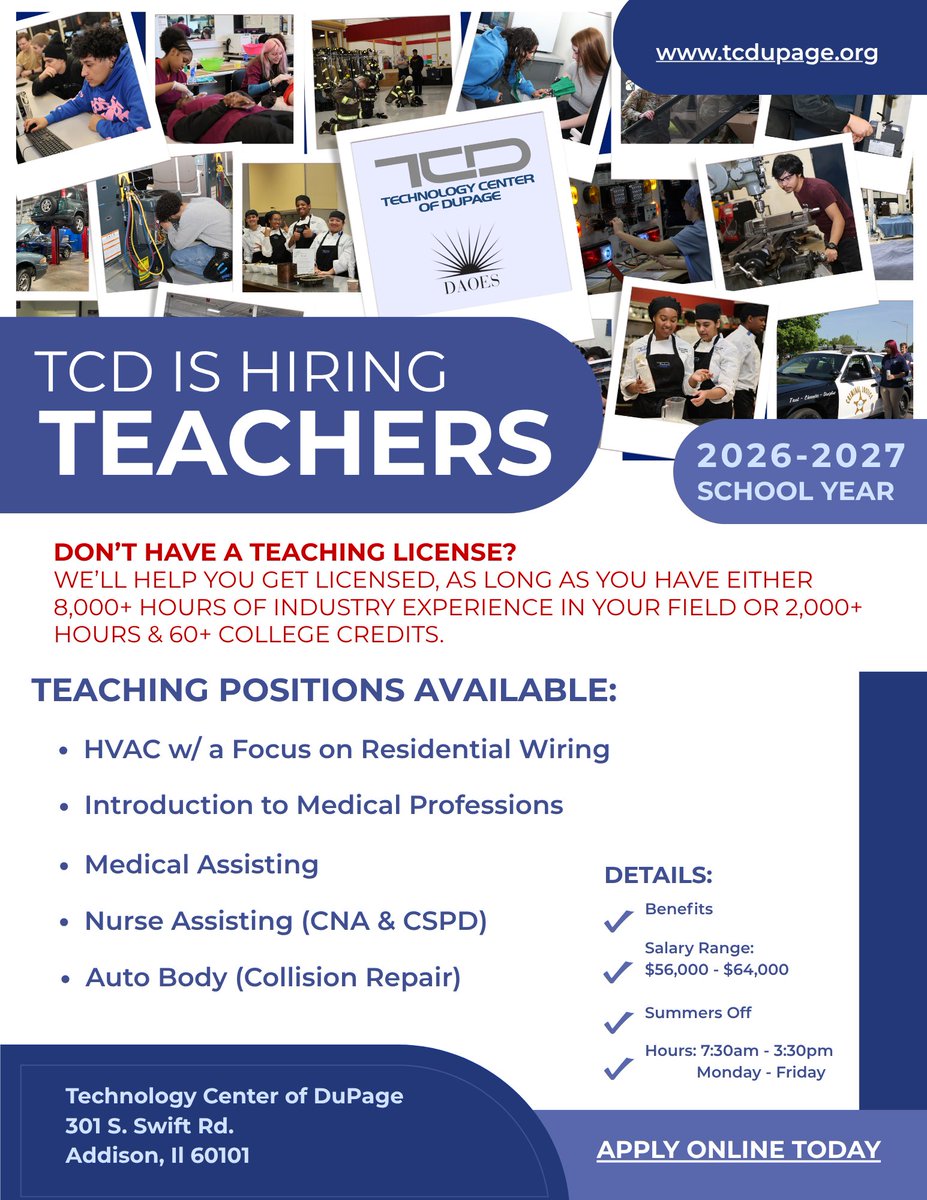 TCDuPage's tweet photo. We are hiring teachers for the following programs: 
HVAC-R (Focus on Residential Wiring)
Medical Assisting
Nurse Assisting (CNA &amp; CSPD)
Introduction to Medical Professions
Auto Body (Collision Repair)

Apply online today! https://t.co/FcRPI7tNrm https://t.co/uJMKXbRZlM