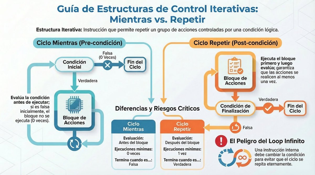 maxihlopez's tweet photo. En programación, un ciclo condicional es cuando se repite un conjunto de acciones dependiendo del valor de una condición. Como programador/a es fundamental que conozcas las estructuras Mientras y Repetir, y las apliques correctamente. https://t.co/vY82B1KWl6