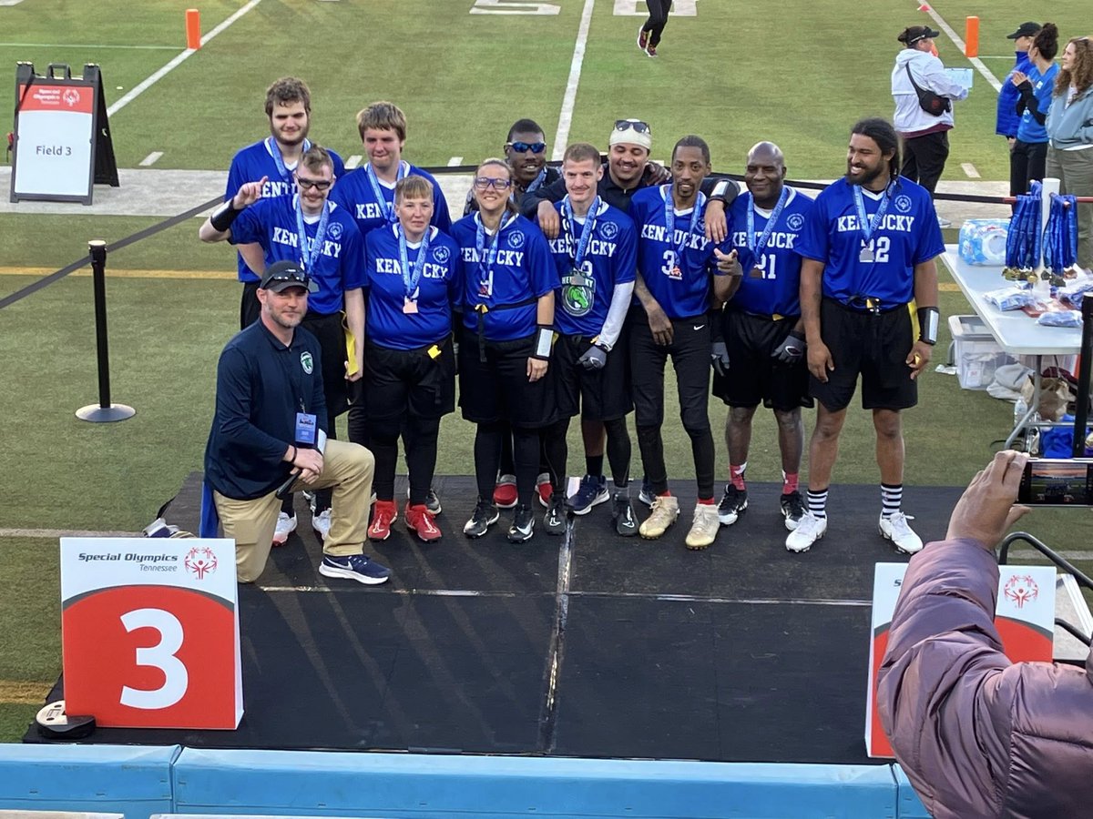 sokentucky's tweet photo. On Saturday the Team Kentucky flag football team that will compete in the @2026USAGames had the opportunity to participate in the Music City Blitz hosted by @specialolympicstn. The event included 11 teams that are headed to the USA Games and included games, a combine-style workout and a Healthy Athletes area. PLUS it was held at @nissanstadium in Nashville, home of the NFL's @Titans! They even came back to claim the Bronze Medal! Thank you SO Tennessee and the Titans for having us! 🐴💚💙🥉  #TeamKentucky #UnitedWeStand #CallingAllChampions