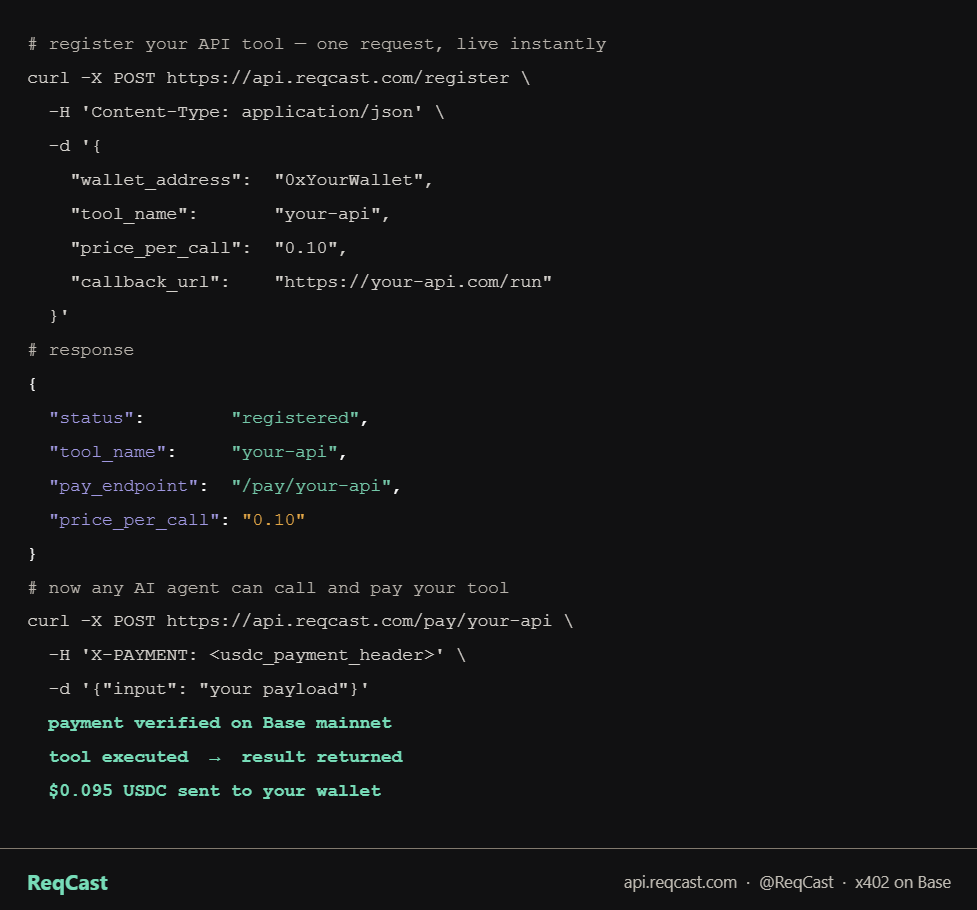 ReqCast's tweet photo. Shipped today: full payment state machine for ReqCast.

Every AI agent's payment now boasts deterministic states and automatic refund retries.

If money moves it is accounted for at every step. Because, who wouldn't want their money  tracked at every step?
#x402 #BaseChain https://t.co/3Cd7H7dyWJ