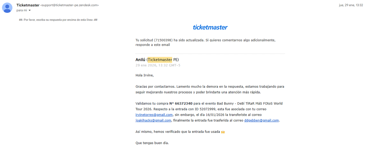 IrvineTorres's tweet photo. I have official proof from Ticketmaster that my ticket was successfully transferred and USED. Yet @StubHub ignored this evidence for months, sent only scripted replies, suspended my account, and kept my money.
I lost BOTH the ticket and the payout. Call it what you want — but this feels like a system designed to fail the seller. Case #633723292 still unresolved. @TeamStubHub  @TickemasterFQS 
#StubHub #Ticketmaster #ScamAlert #CustomerServiceFail #ConsumerRights