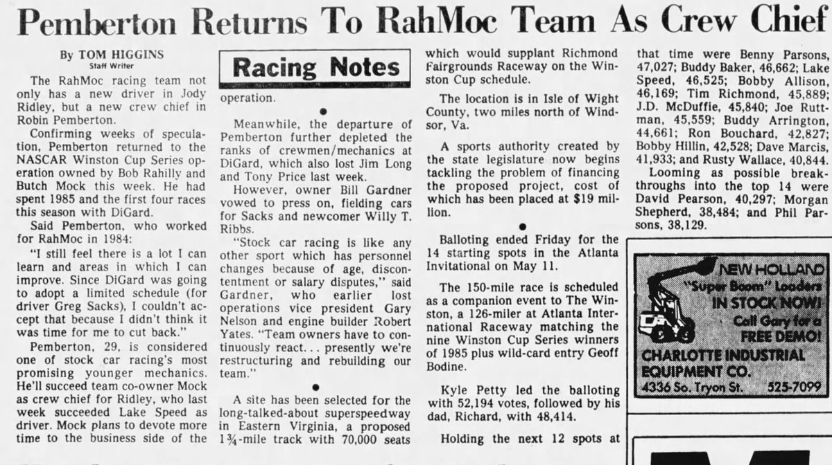 March 30, 1986- Robin Pemberton leaves DiGard for RahMoc Racing, returning to his former employer.