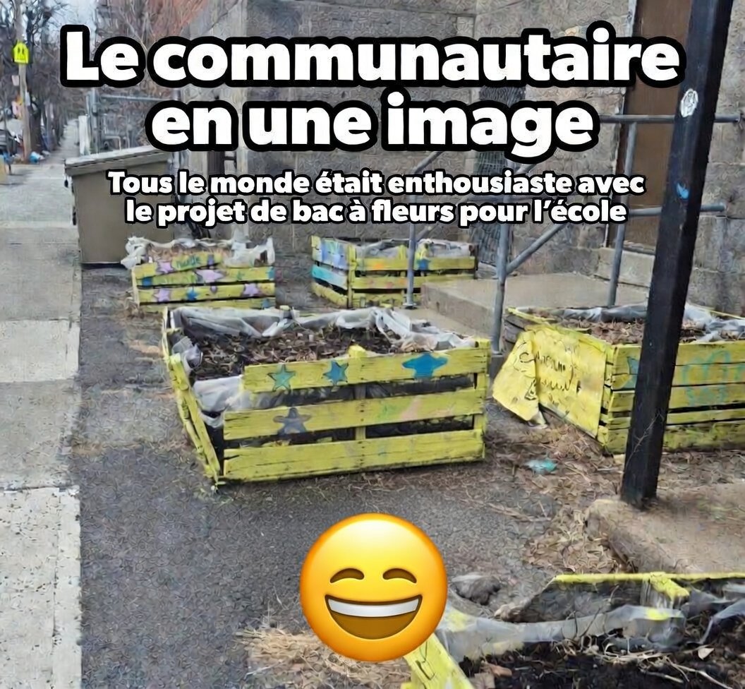 Si je résume le communautaire c'est recevoir un montant d'argent pour exécuter un projet de groupe mais ne rien prévoir pour l'entretien et les réparations? En plus que cela devient un risque de blessure pour les enfants. Pourquoi on subventionne des "patentes"? #àboutte 😠😤