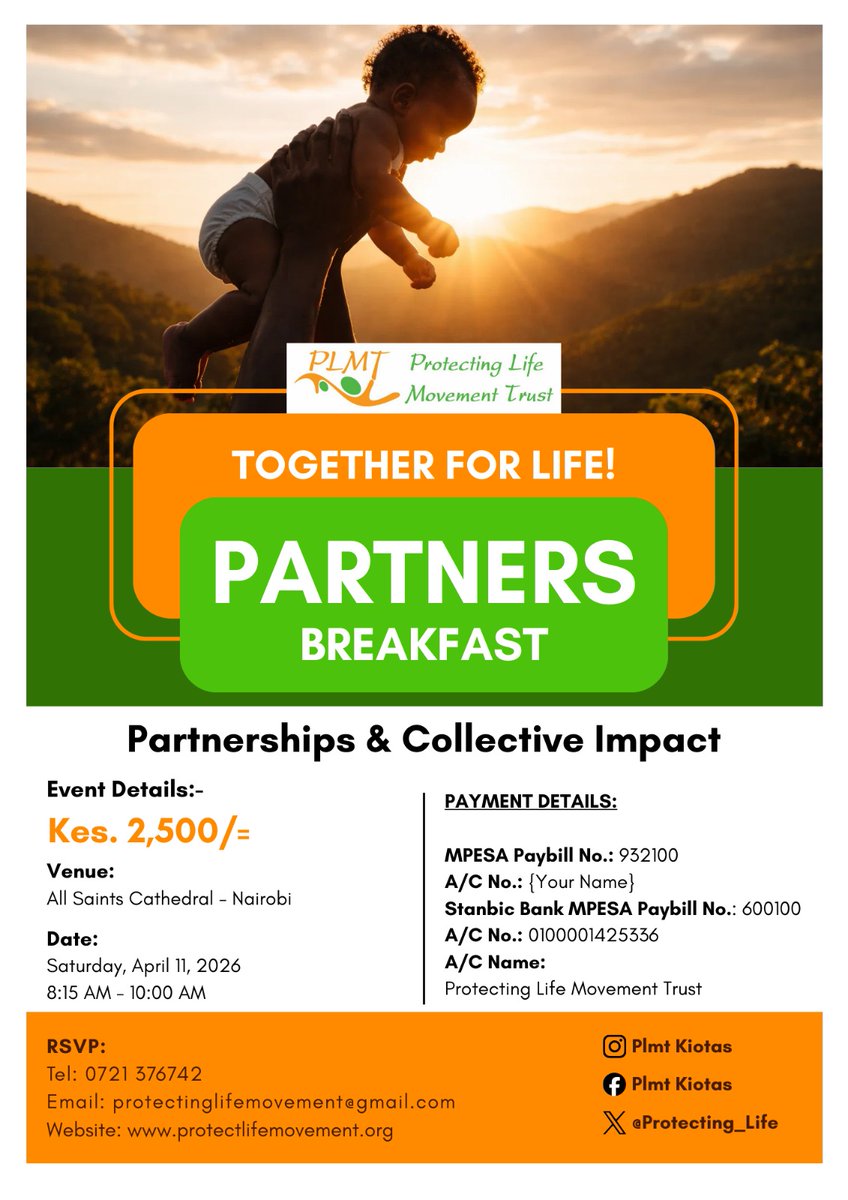 Join us April 11 
PLMT Annual Breakfast|All Saints Cathedral
Reserve your seat by channeling your contribution of Ksh2,500 to Paybill 932100|Acc: Your Name
Deadline: April 4. 
Your contribution helps provide care, support, and a brighter future for vulnerable girls and women.