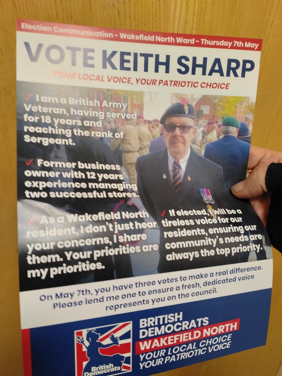 BritishDems's tweet photo. Local Election campaign - Thursday 7th May

Our team was out again today, Monday 30th March, in the WAKEFIELD NORTH WARD, posting hundreds of our leaflets in the Flanshaw, Peacock, Silcoates, Balne Lane, Batley Road and Alverthorpe areas of the city.

Keep up the fantastic work!

Promoted and published by 
the British Democrats on behalf of candidate and agent, Keith Sharp, of PO Box, 11028, Loughborough, LE12 7YL.