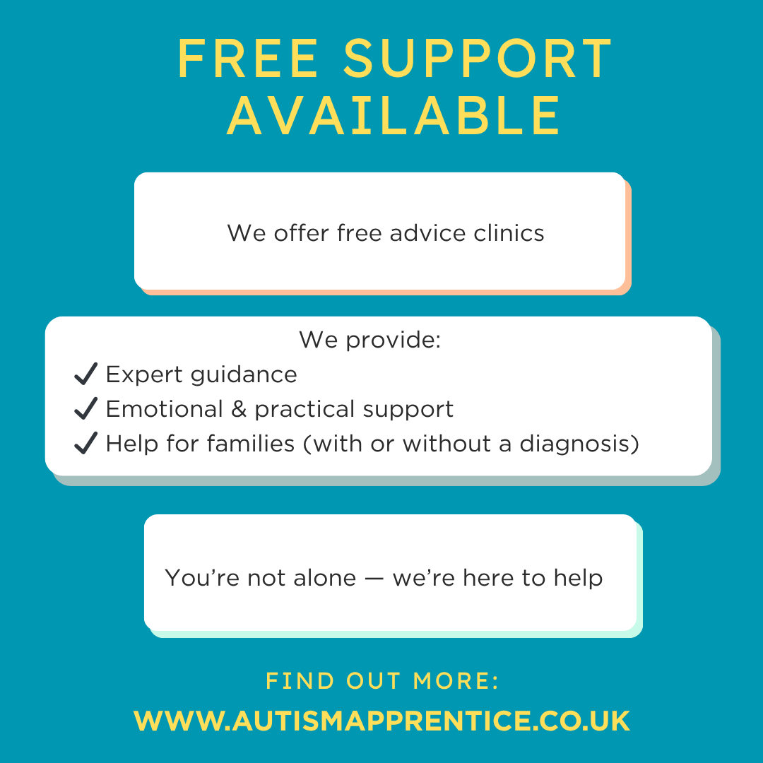 💙 Free Support Available 💙

Did you know we offer free advice clinics?

We provide:
✔️ Expert guidance
✔️ Emotional &amp; practical support
✔️ Help for families (with or without a diagnosis)

You’re not alone — we’re here to help 💙

🌐 autismapprentice.co.uk

#AutismSupport