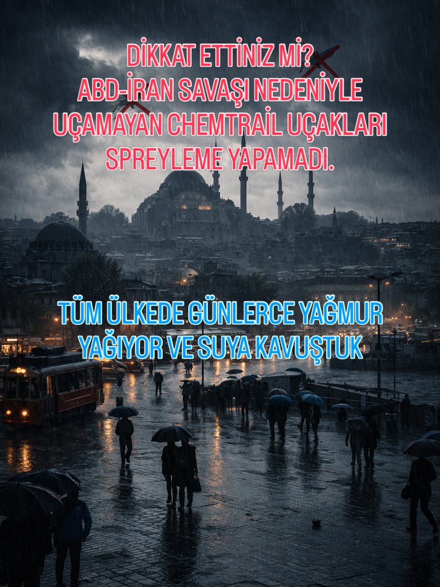 SAVAŞ BAŞLADI… VE GÖKYÜZÜ TEMİZLENDİ.

Tesadüf mü sandın?

ABD–İran gerilimiyle birlikte hava sahaları kapandı.
O uçaklar artık eskisi gibi gökyüzünü çizemiyor.

Ve ne oldu biliyor musun?

Yağmur başladı.
Doğal, kesintisiz, temiz yağmur.

Yıllardır yukarıdan yapılan spreylemeler