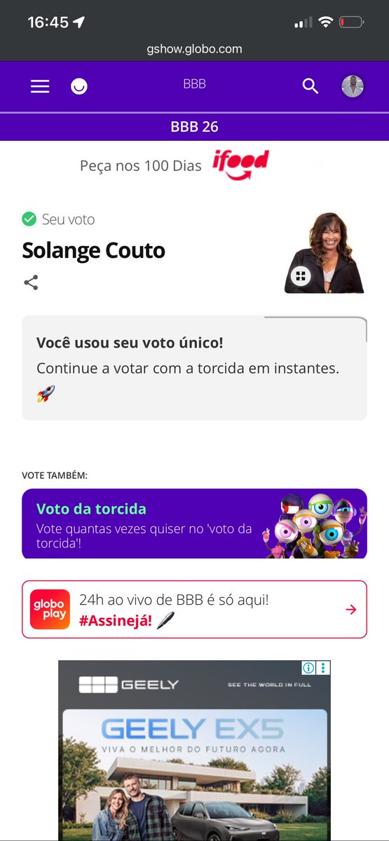 Welbertsilvas's tweet photo. Votei com gosto. #bbb26 #gshow https://t.co/CoeYM7AZHB