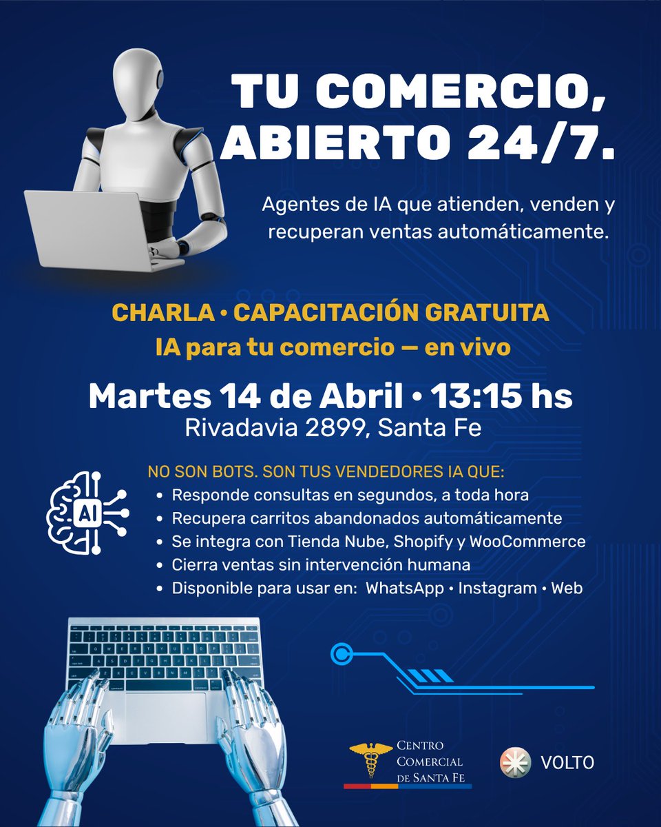 infoCCSF's tweet photo. Capacitación en IA para comercios

¿Te imaginás tu comercio abierto 24/7?
La inteligencia artificial puede ayudarte a optimizar tareas, mejorar la atención y potenciar tus ventas
Organizan: Centro Comercial de Santa Fe y Volto🙌🏻

➕ Info: 3425194298 📲 https://t.co/UYjVcm9HrQ