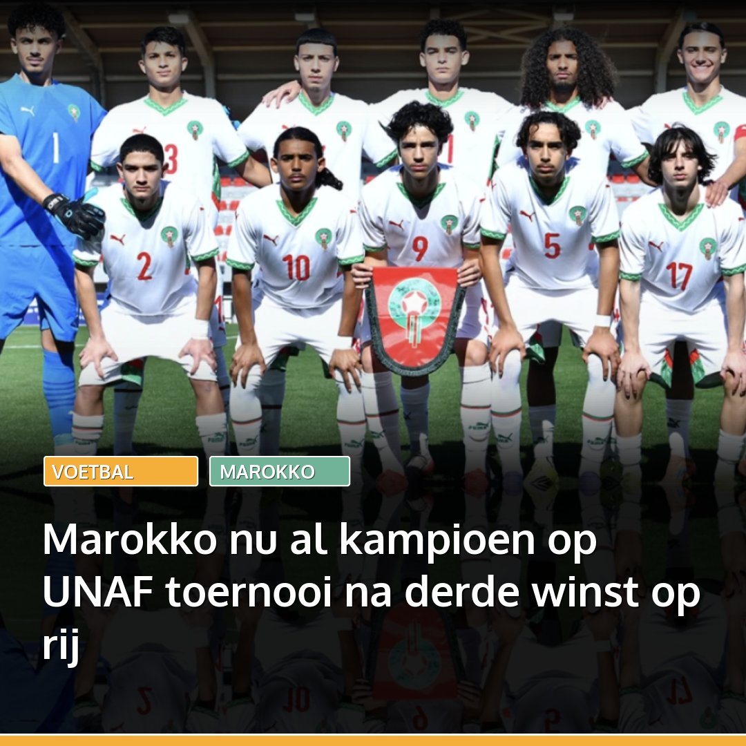 marokko's tweet image. Marokko Onder 17 heeft maandag ook Egypte verslagen op het UNAF toernooi in Benghazi. Door de zege van 2 tegen 1 is de ploeg nu al zeker van de titel, nog voor de laatste speelronde in Libië.
👉🏽 Lees: l.marokko.nl/cmdc9ook 👈🏽

#libie #benghazi #marokko #egypte #tunesie