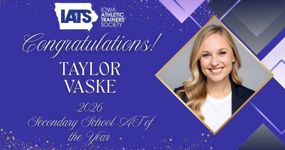 IowaATSociety's tweet photo. 2026 IATS Honors &amp; Awards
IATS recognizes Taylor Vaske as the Secondary School AT of the Year!
Through leadership and service at the secondary school level, Taylor elevates the profession and positively impacts the next generation of athletes.
#IATS #IowaAT https://t.co/TwzJ0TsHwv