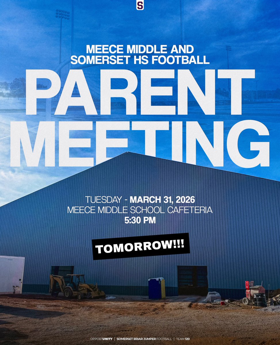 BJNFBALL's tweet photo. The first Somerset football program parent meeting of the year will be 𝐭𝐨𝐦𝐨𝐫𝐫𝐨𝐰! 

🗓️ March 31, 2026
⏰ 5:30pm
📍 Meece Middle Cafeteria 

This meeting will be for both our high school and Meece programs, and we are asking ALL parents/guardians to please make it a priority to attend if you will have a child on this year’s high school and/or 7/8th grade teams. 

GO JUMPERS!