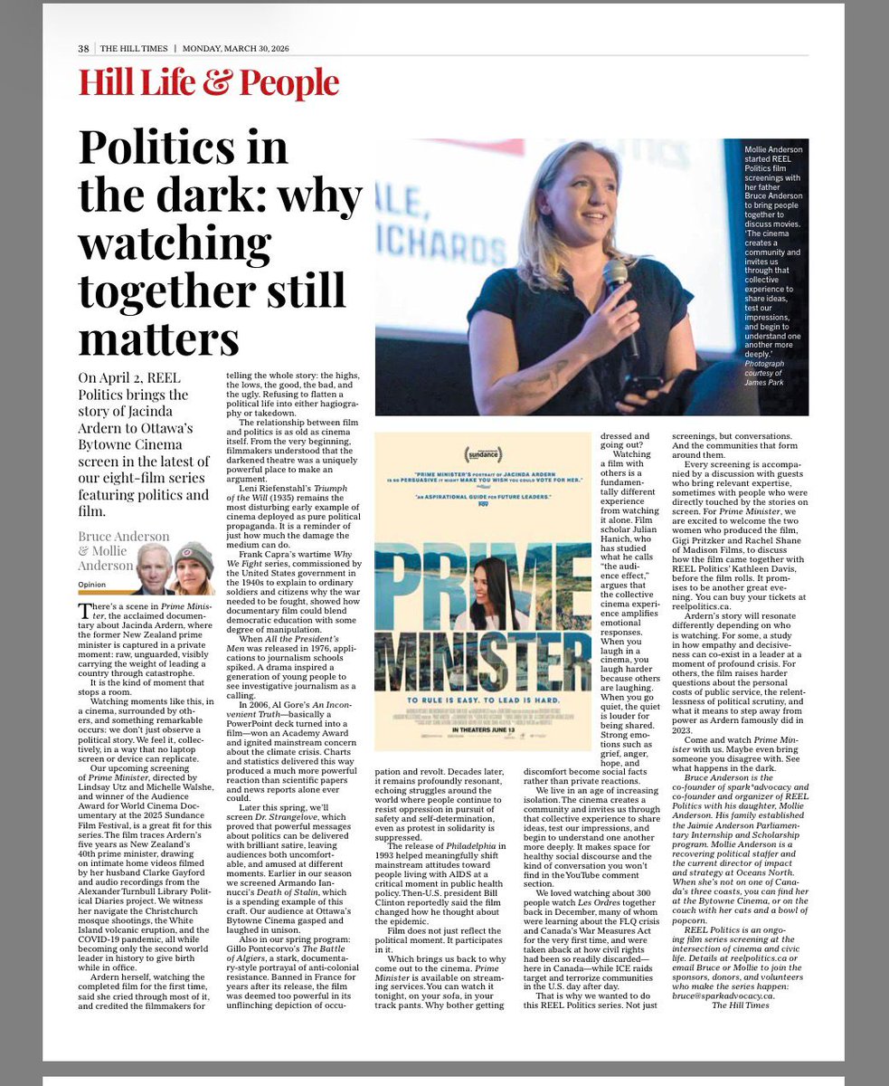 bruceanderson's tweet photo. Why my daughter &amp; I love the @ReelPolitics613 series ....and why Ottawans should join us this Thursday for a fascinating evening with a talk with the Producers of this remarkable film, and then screening it @ByTowne 
$10 and free popcorn always!  Tix   https://t.co/sD8kM1U44J https://t.co/DJKvJ4kwbP