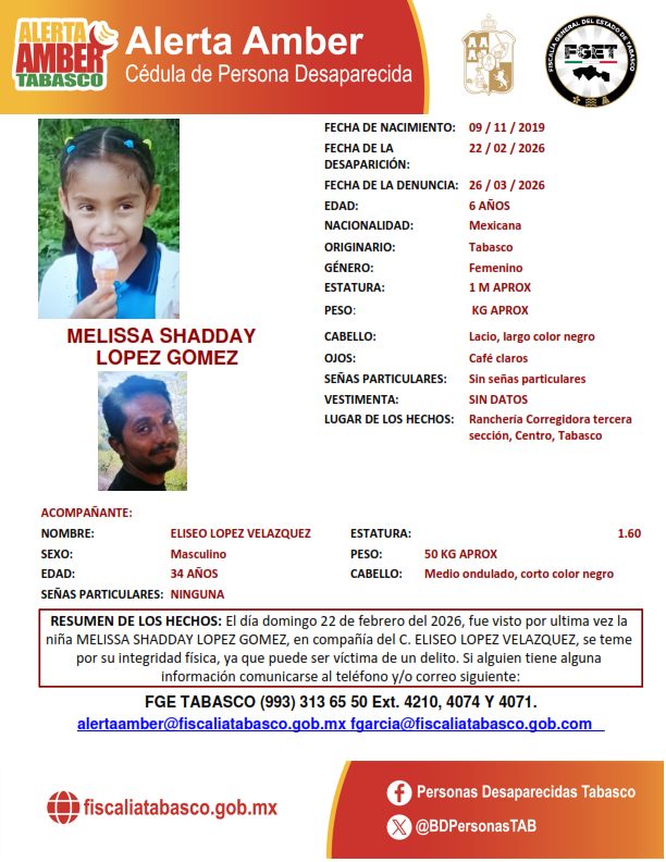 FGETabasco's tweet photo. #AlertaAmber se activa cédula a favor de Melissa Shadday López Gómez y Eliseo López Velázquez por hechos ocurridos en el municipio de Centro. Cualquier información, favor de reportarla a los teléfonos y correos electrónicos en la cédula. #Tabasco #México https://t.co/wuXfe8wl9f